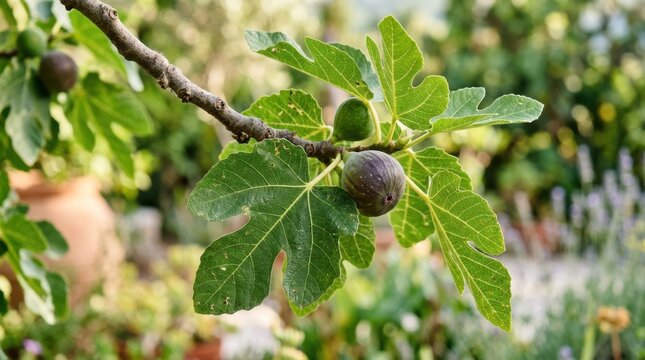 Green fig growing on a branch with large leaves garden background