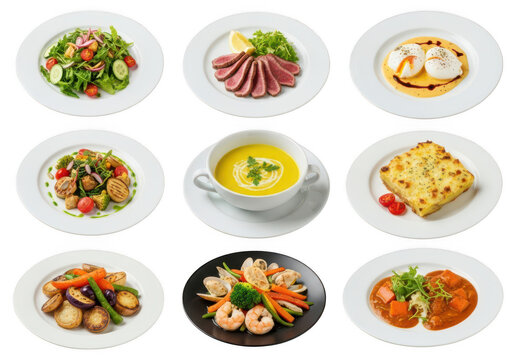 A collection of nine different gourmet dishes served on white plates arranged in a grid on a solid black png isolated on a white background