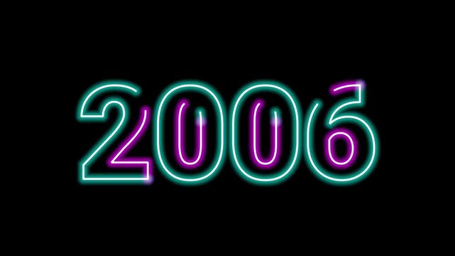 Glowing neon sign number 2006 year typography display text graphic on black background loop for retro video intro title animation