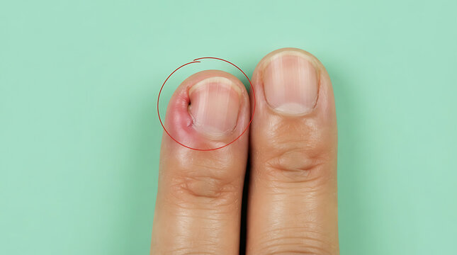 Close-up of an ingrown fingernail on index finger