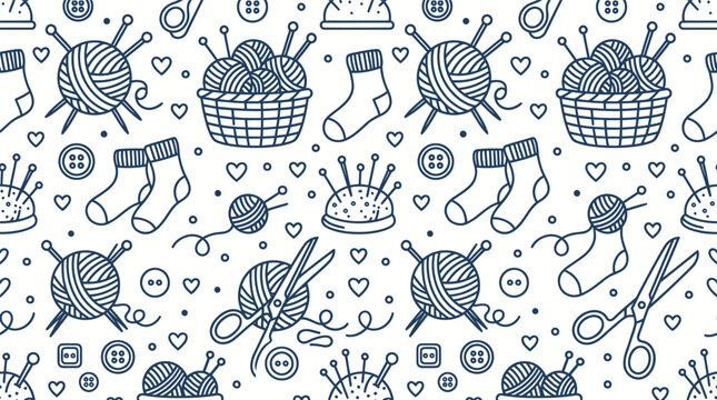 Seamless pattern featuring hand drawn knitting tools and yarn balls.