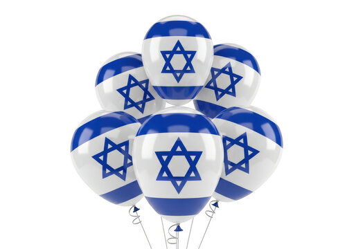 A bunch of helium balloons featuring the blue and white flag of israel with the star of david symbol isolated on a png isolated on a white background