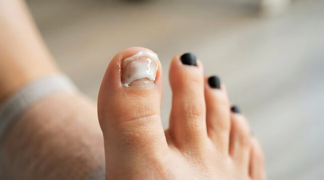 Close-up of damaged big toe nail with dark discoloration