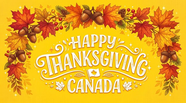 Happy thanksgiving canada greeting card with autumn leaves and harvest