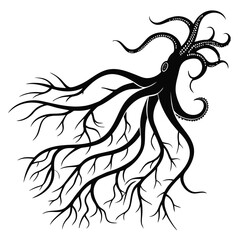 Abstract surreal illustration of a giant octopus with tentacles resembling tree roots, tentacles © Atiq