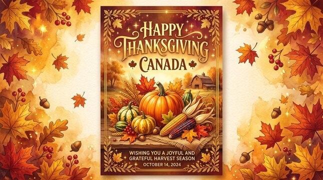 Happy thanksgiving canada card with autumn harvest vegetables and leaves
