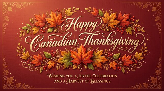 Happy canadian thanksgiving greeting card with autumn leaves and city