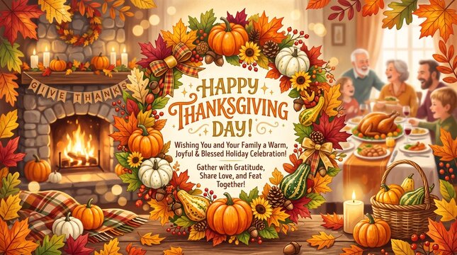 Happy thanksgiving day celebration with autumn harvest and fireplace