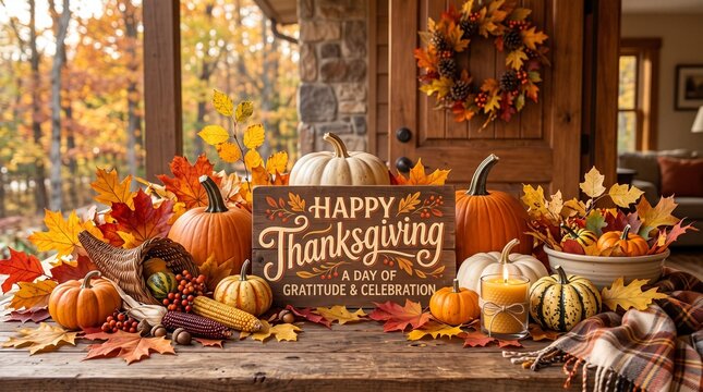 Happy thanksgiving banner with pumpkins and fall harvest display