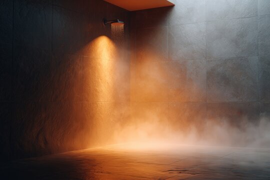 Moody dark shower corner with warm orange fog and overhead rain shower creating dramatic ambient lighting for bathroom background and spa design