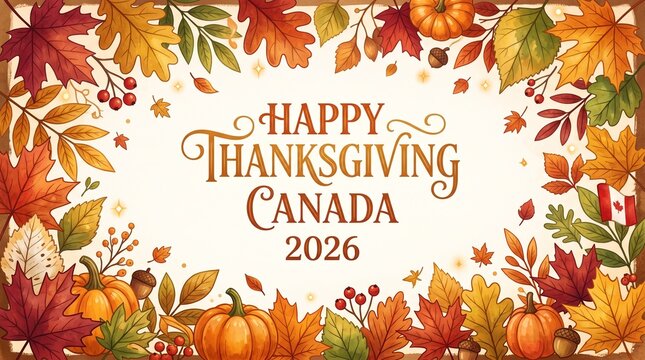 Happy thanksgiving canada 2026 card with autumn leaves and pumpkins