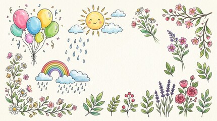 Fototapeta premium Cute hand-drawn illustration set with balloons, flowers, rainbow, and smiling sun