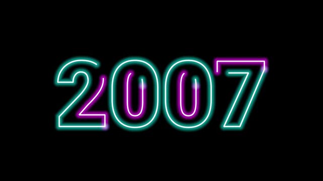 Glowing neon sign number 2007 year typography display text graphic on black background loop for retro video intro title animation