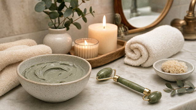 Clay face mask bowl with jade roller, candles and rolled towels on marble bathroom counter, spa set