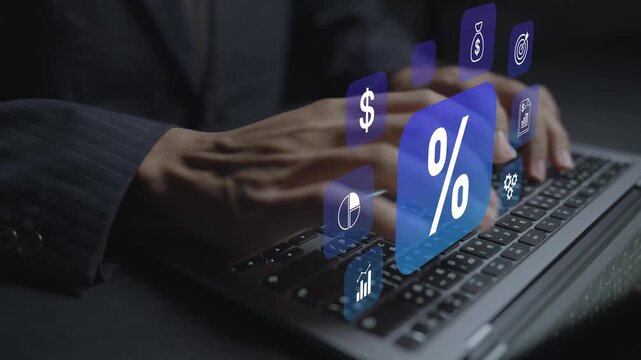 Interest rates and dividends concept. Person using laptop with financial analytics and investment icons, dividend income, interest rate analysis and wealth management.
