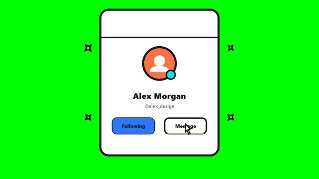 Digital social media profile interface with follow and message buttons