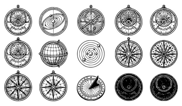 Vintage astrolabe and celestial star map vector set with classic engraved blueprint orbit compass rose sundial medieval astronomy and sweet retro navigation line art for apparel