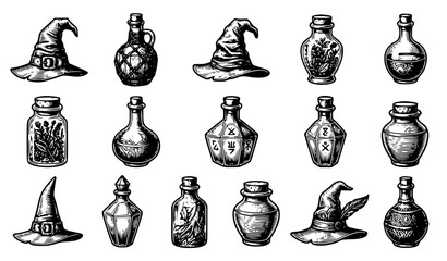 Vintage woodcut magic potion bottle and witch hat vector set with classic engraved medieval cauldron apothecary jar warlock hat alchemy and sweet retro spooky line art for apparel © GULSHAN