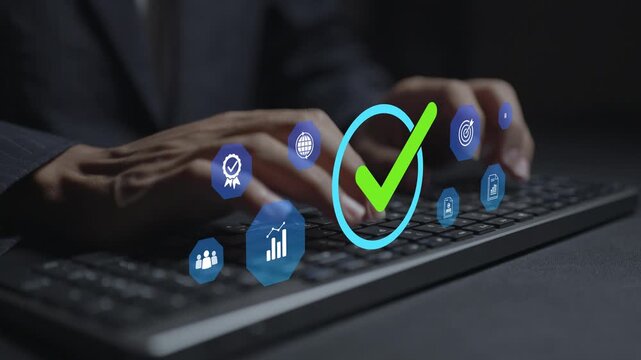 Quality assurance concept. Person typing keyboard with quality control and compliance icons, process improvement, performance monitoring and business excellence.