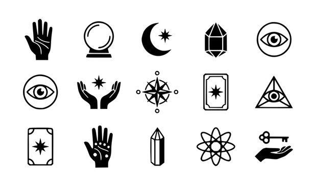 Modern abstract palmistry hand line symbol vector clipart set with minimalist clean outline wellness brand destiny monogram and cosmic fortune telling logo graphics black and white