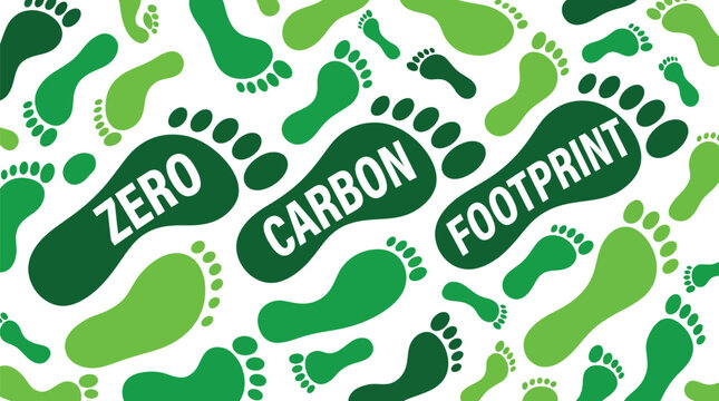 Green footprints pattern showing text about zero carbon impact on a bright white isolated background