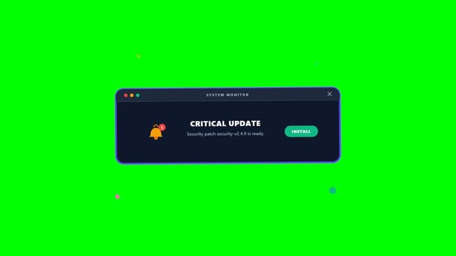 Digital system monitor window with critical security update alert notification
