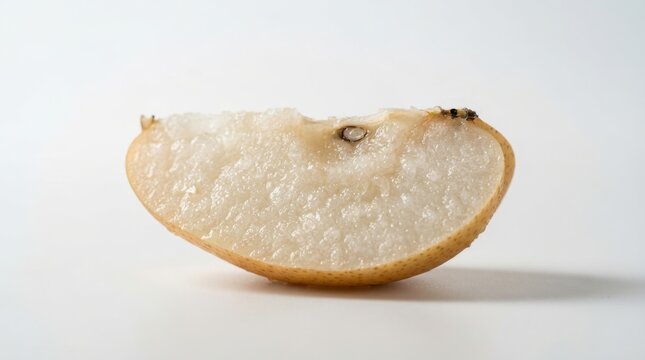 Juicy translucent Asian pear fruit slice with grainy white flesh on a clean white background