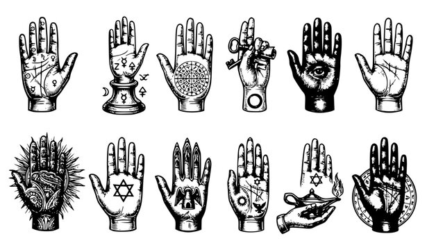 Vintage palmistry hand and alchemical celestial vector set with classic engraved fortune telling blueprint destiny map medieval astronomy and sweet retro line art for apparel