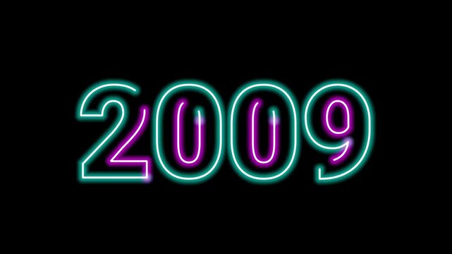 Glowing neon sign number 2009 year typography display text graphic on black background loop for retro video intro title animation