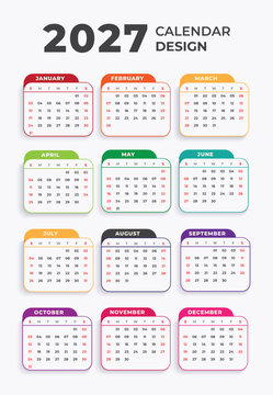 2027 calendar, 2027 year wall calendar for monthly and daily agenda. Colorful schedule page journal, stationery calendar, organizer, planner template 