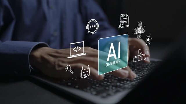 AI co worker assistant concept. Person using laptop with artificial intelligence and virtual assistant icons, smart workplace collaboration, task automation and productivity enhancement.