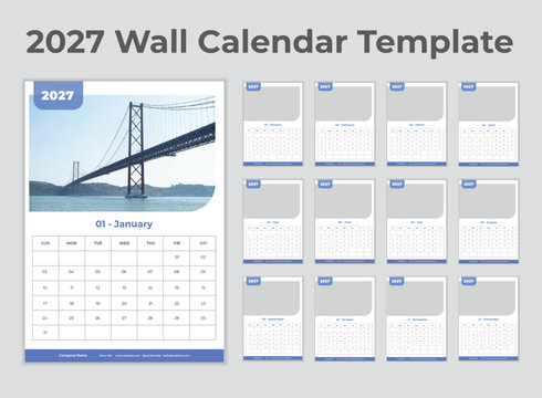 2027 wall calendar. 2027 Planner calender template with 12 month. Simple Layout Illustration. Week starts on Monday. Calendar Set for 2026 2027 2028 year  
