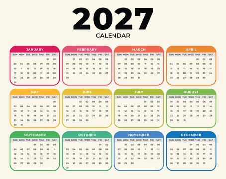 Calendar 2027 year - vector illustration. Week starts on Monday. Calendar Set for 2027 year. Colorful Yearly Wall Calendar Template Layout 2027