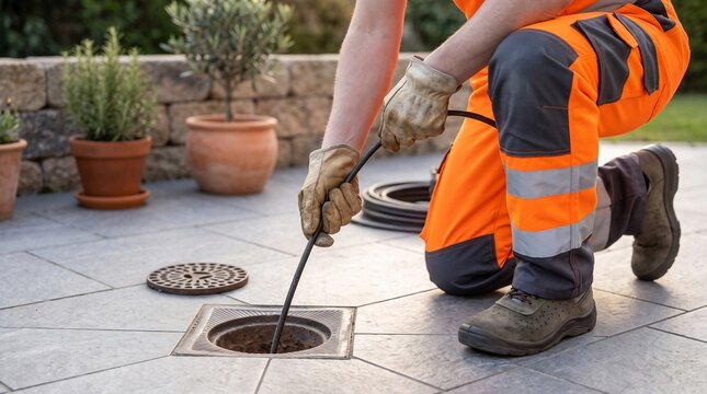 Professional maintenance worker in high visibility workwear inspecting a residential outdoor drainage system using a flexible inspection camera cable
