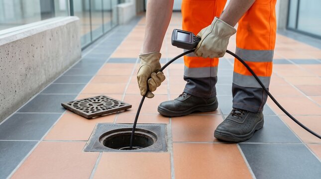 Professional technician using a specialized sewer inspection camera to examine drainage pipes inside a modern building with tiled flooring surfaces