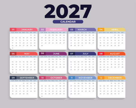 Calendar 2027. Colorful vector set. Pocket calender collection. Week starts on Sunday. Basic grid template for print 