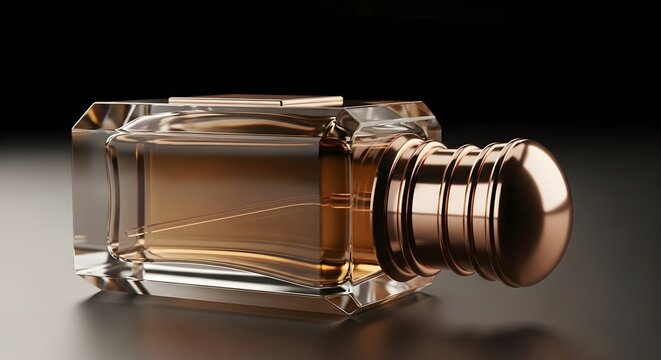 Luxury glass perfume bottle with metallic cap on dark background, 3d render