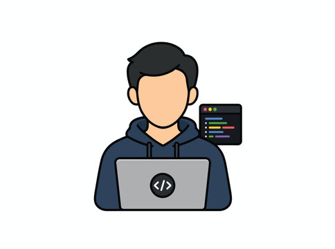 Professional software developer or programmer working on laptop vector illustration. Cute IT specialist, coder, or hacker avatar icon in flat cartoon style