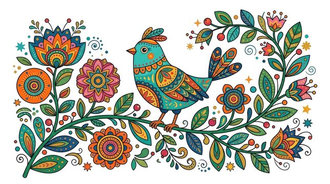 Colorful folk art bird with floral branch illustration