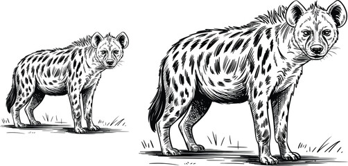 Spotted hyena illustrations, black and white animal drawings, wild mammal artwork, safari creature designs © yamin678