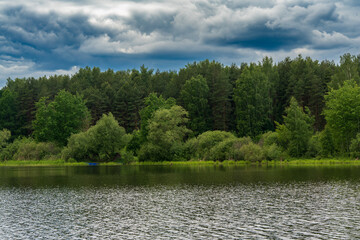 Fototapeta premium Serene image of a lush green forest surrounding a calm lake with a cloudy sky above. The tranquil setting showcases the beauty of nature and the peaceful atmosphere of the scene. 