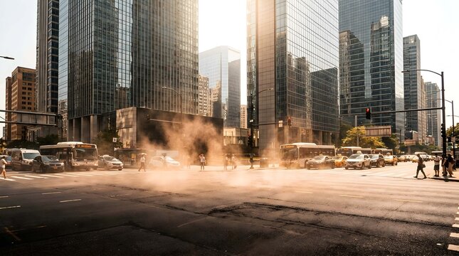 A modern city skyline reflects off a nearly dry urban road with a busy street scene unfolding at sunset.