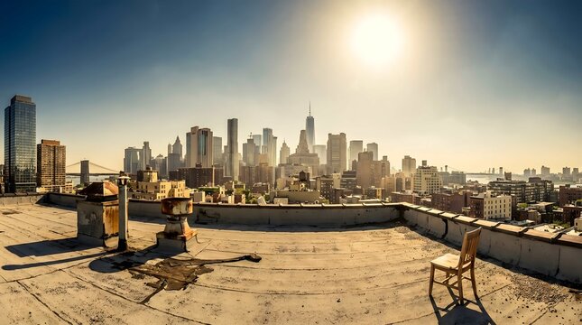 A panoramic view of a modern cityscape with a rooftop showing dry grass and industrial equipment under a sunny sky.