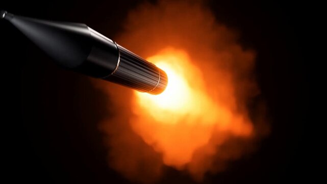 Tracking shot rocket stage propelling through dark sky with bright fiery exhaust plume and smoke trail during powered ascent close up dynamic perspective