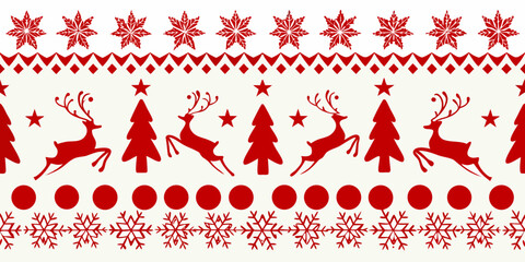 Red winter holiday pattern with reindeer trees and snowflakes © Tapan