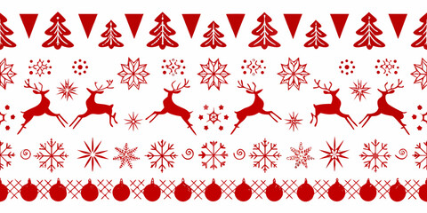 Red christmas ornament pattern with reindeer trees and snowflakes on white © Tapan