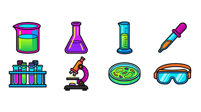 Colorful cartoon science laboratory with test tubes beakers microscope petri dish goggles and pipette for educational or scientific research themes