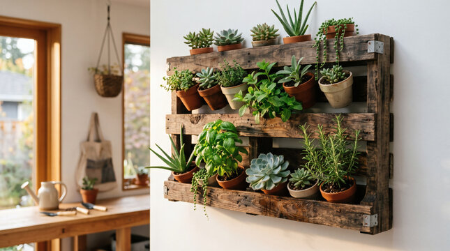 Vertical garden made from a wooden pallet mounted on a wall.