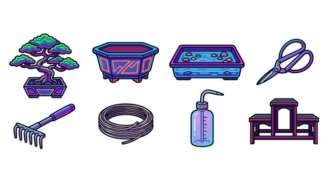 Illuminated neon-style gardening tools and accessories for indoor plants and hydroponics, vibrant digital illustration for botanical urban gardening themes