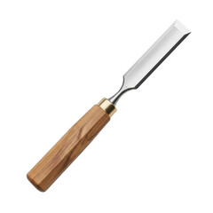 Fototapeta premium Professional woodworking chisel with a wooden handle on a transparent background. This carving tool is for carpentry workshops, furniture manufacturing, and artisanal craft classes.